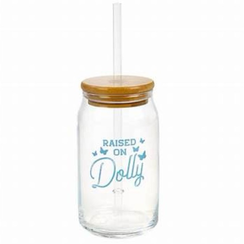 Dolly Parton 'Raised On Dolly' Glass Cup with Straw and Bamboo lid